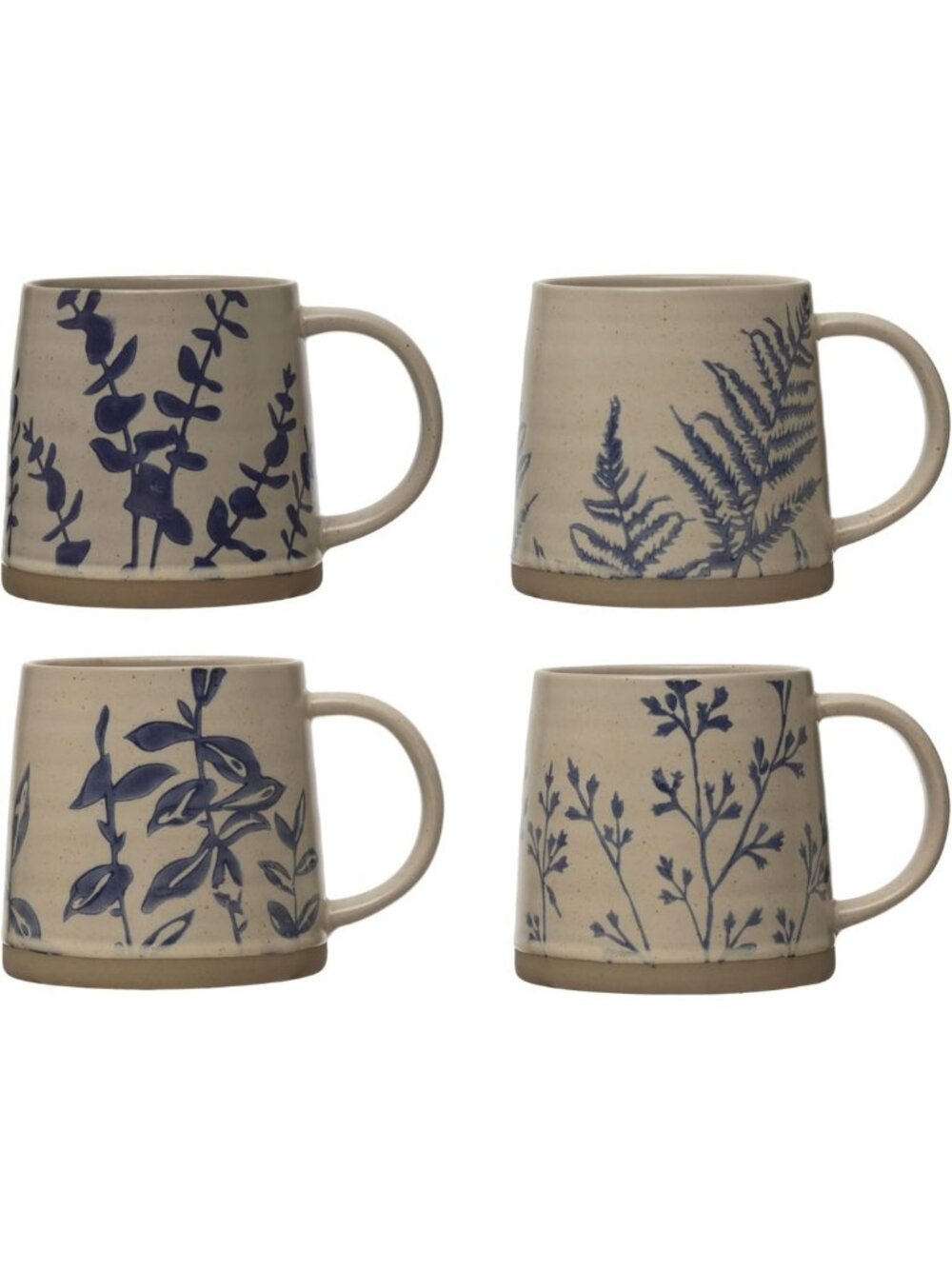 Hand Stamped Stoneware Mugs Set of 4, Wax Relief Botanical Design, Antique Blue